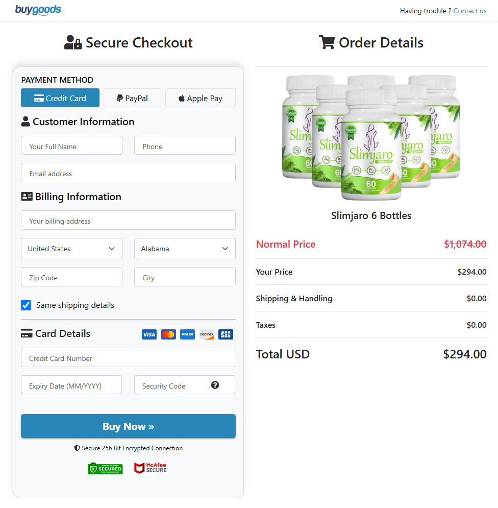 Burn Jaro order page